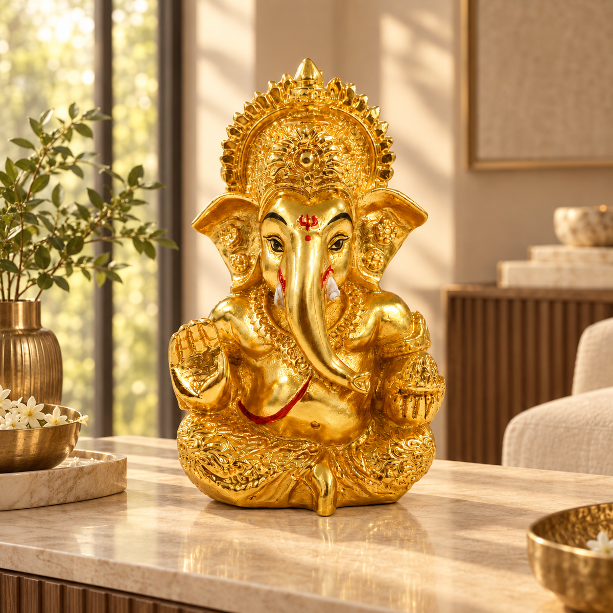 Gold Plated Mukut Ganesha Idol 3 Inch